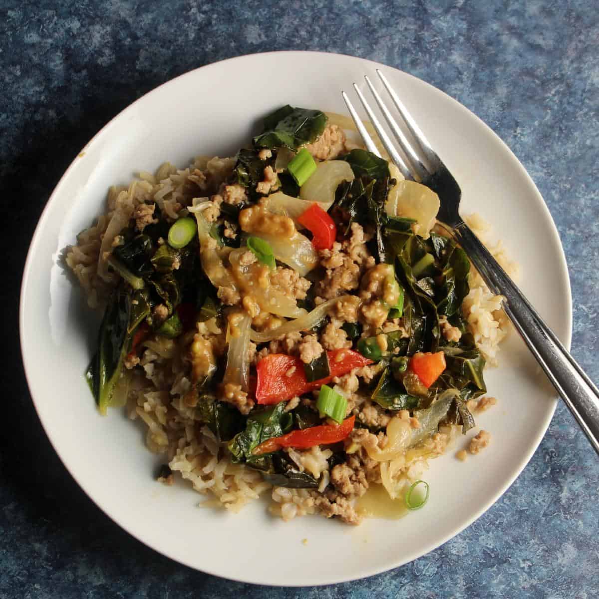 Ground Pork Stir Fry with Collard Greens Cooking Chat