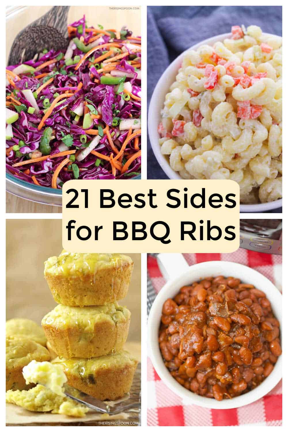 collage with images of side dishes for pork ribs, including corn bread, beans and coleslaw.