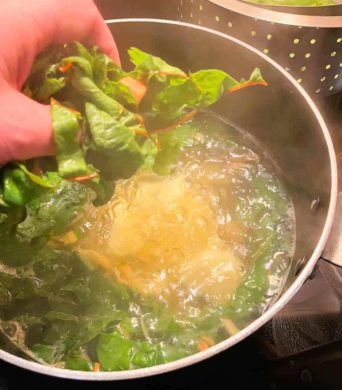 adding chard leaves to a pot of boiling water.