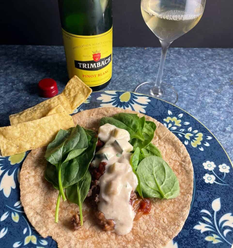 bean tacos with cucumber yogurt topping, served with an Alsace Pinot Blanc.