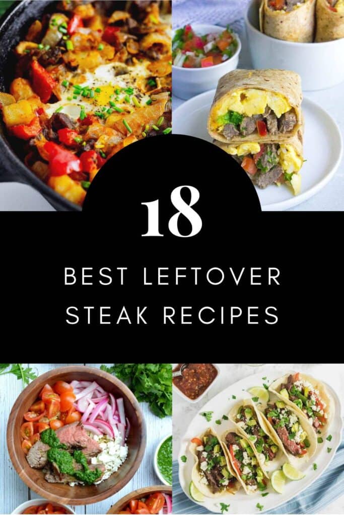 a collage with images of four different leftover steak recipes. 