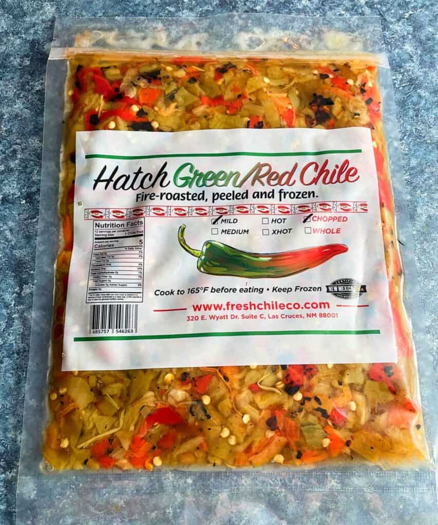 sealed plastic bag of chopped green and red Hatch Chiles.