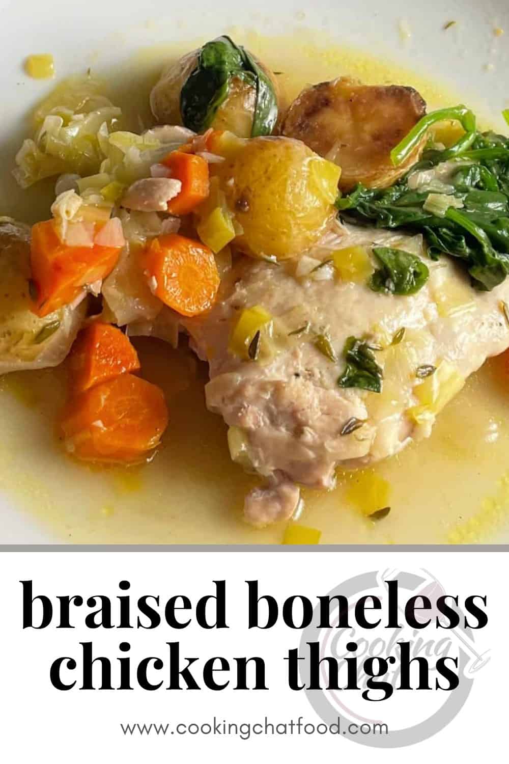 braised chicken thighs with carrots and potatoes, with the recipe title spelled out in text below the photo.
