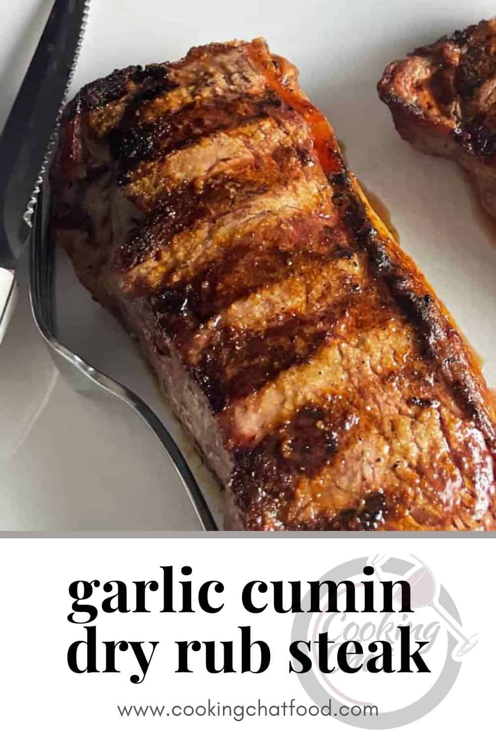 grilled NY strip steak on a white platter, with text underneath that says garlic cumin dry rub steak.