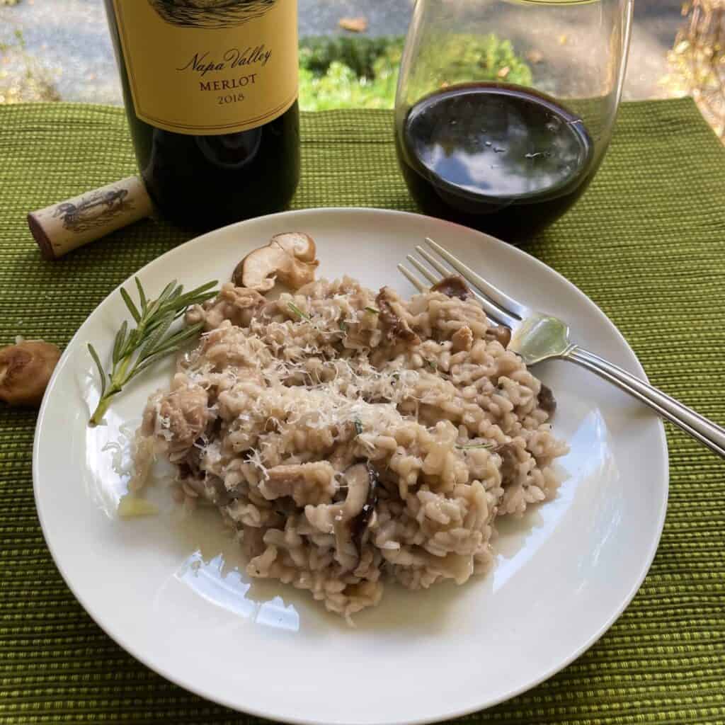 white plate with chicken and mushroom risotto, served with a Merlot red wine.