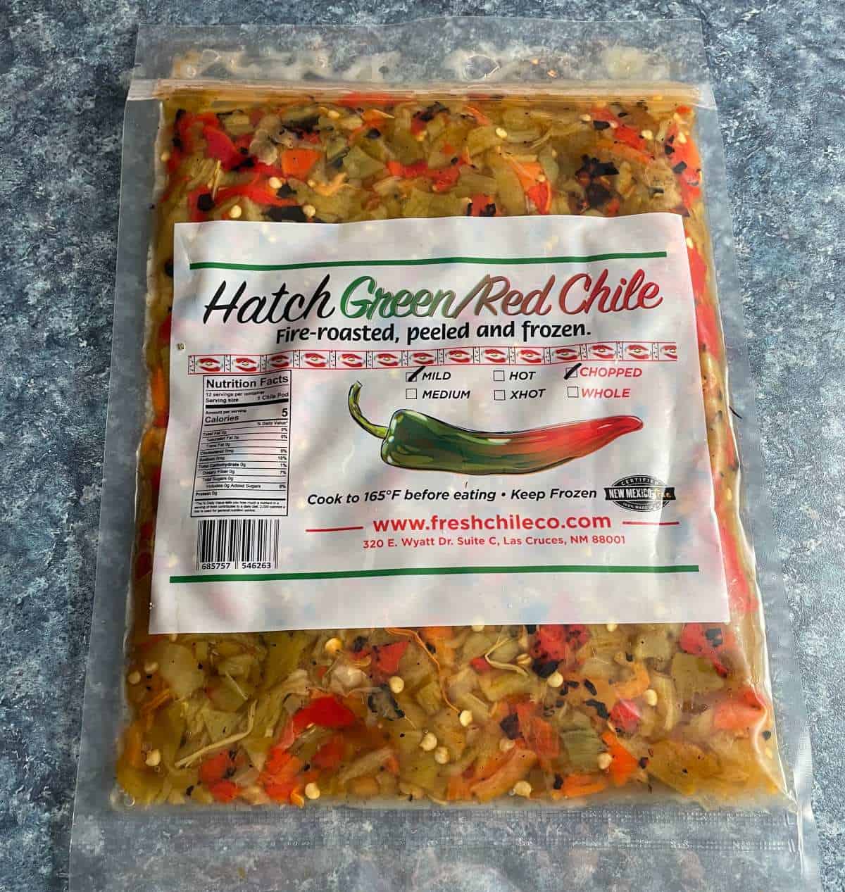 bag of red and green Hatch chiles.