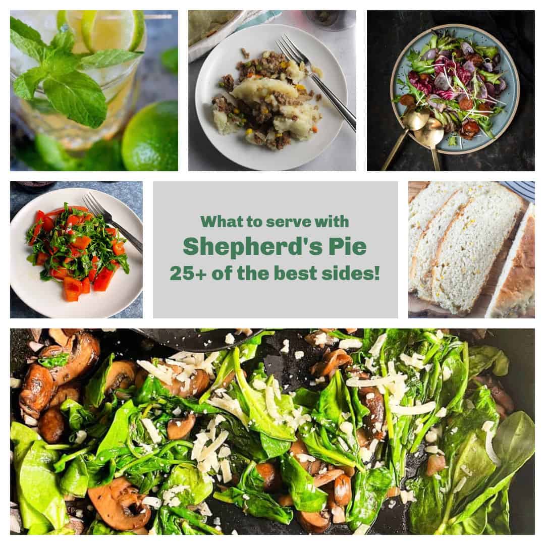 collage with various side dishes to serve with shepherd's pie, including sautéed arugula, bread, and salads.