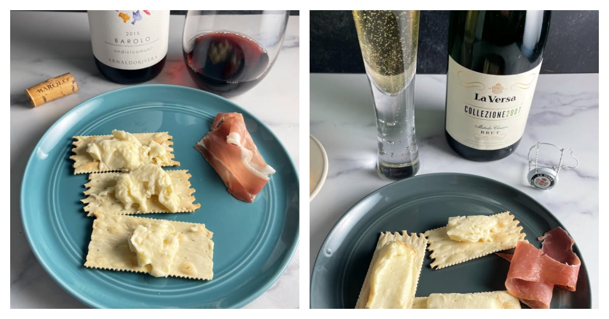 two images showing Taleggio cheese served with prosciutto. The one on the left is paired with a red wine, the one on the right a sparkling wine.