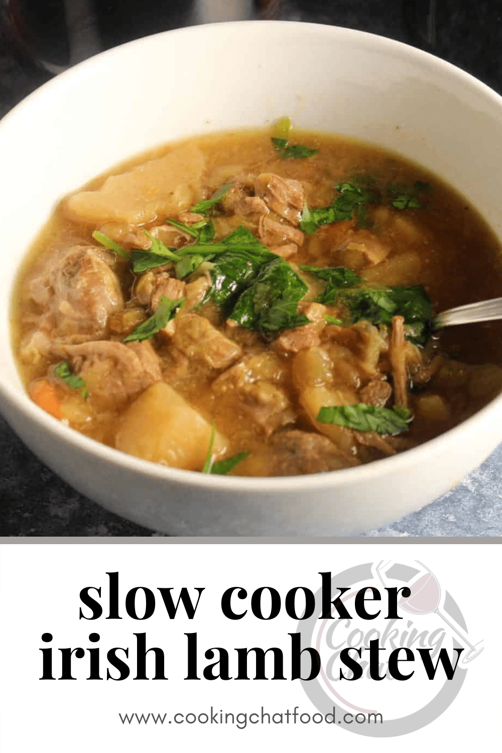 Irish Lamb Stew in a white bowl, with text underneath with the recipe title.