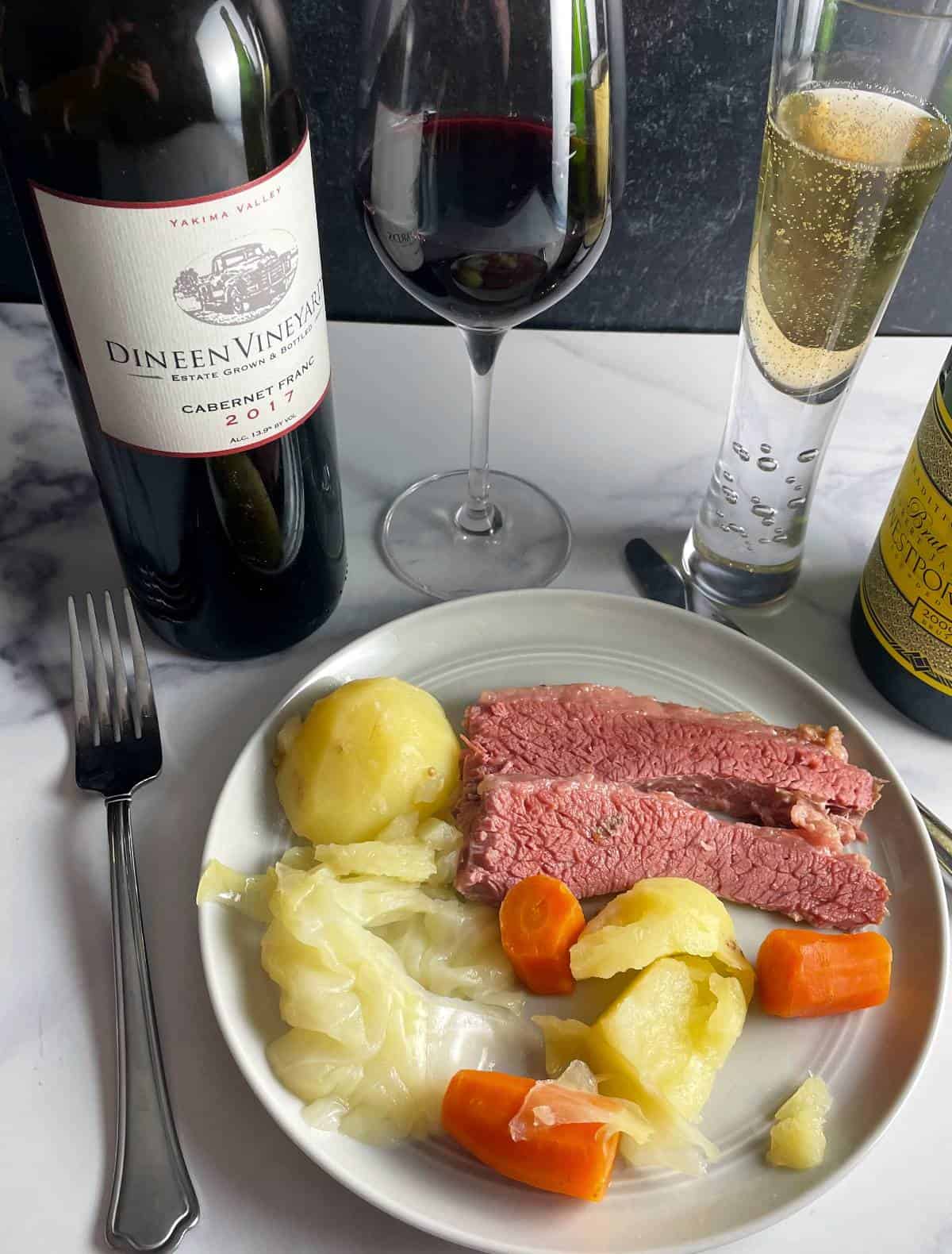 corned beef and cabbage dinner served with a Cabernet Franc red wine. 