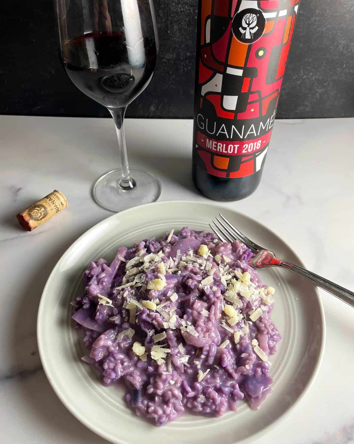 red cabbage risotto served with a Merlot red wine.