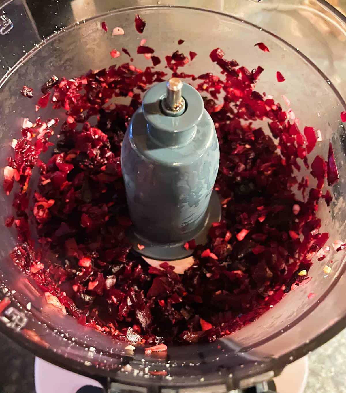 beets chopped into small pieces in a food processor. 