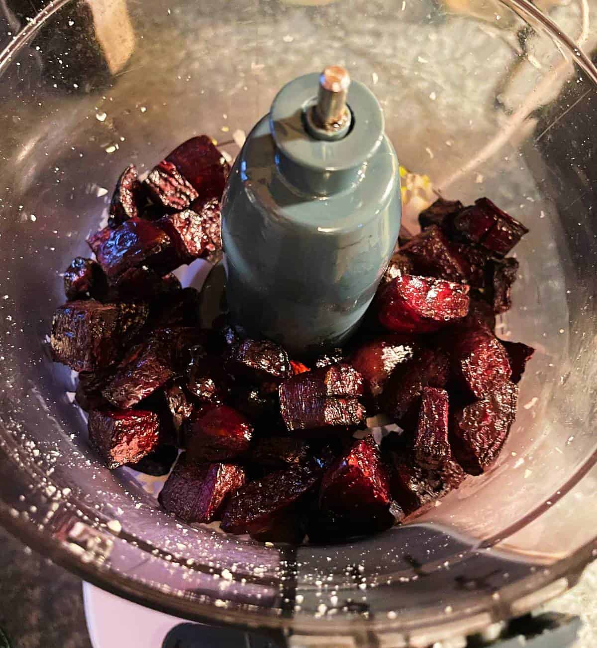 roasted beets in a food processor.