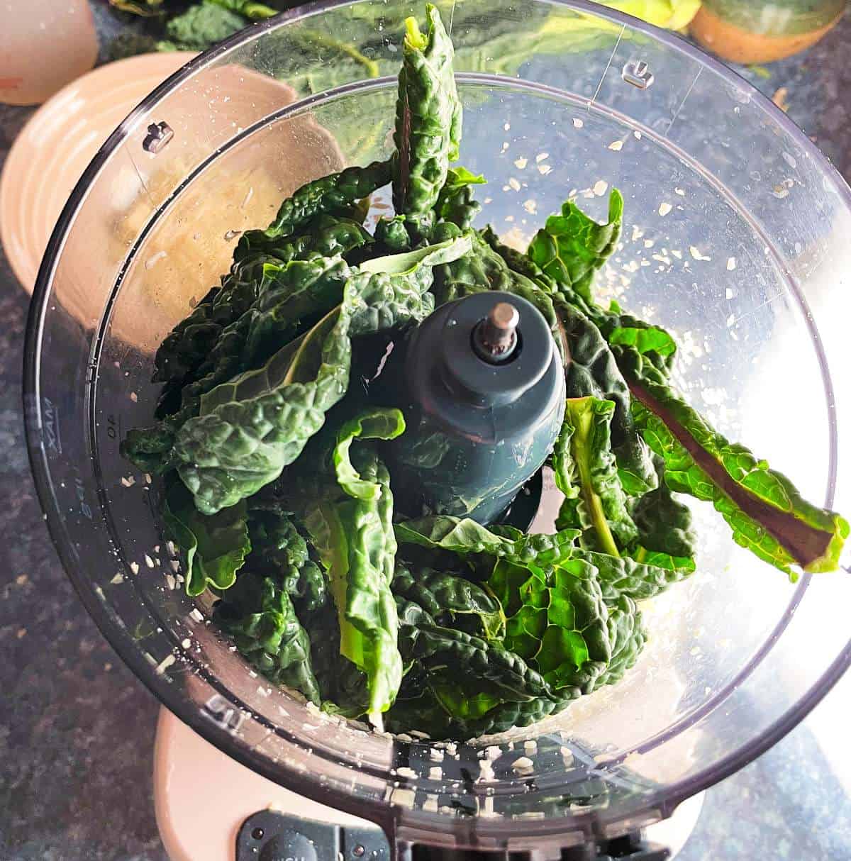 kale being chopped in a food processor for kale pesto.