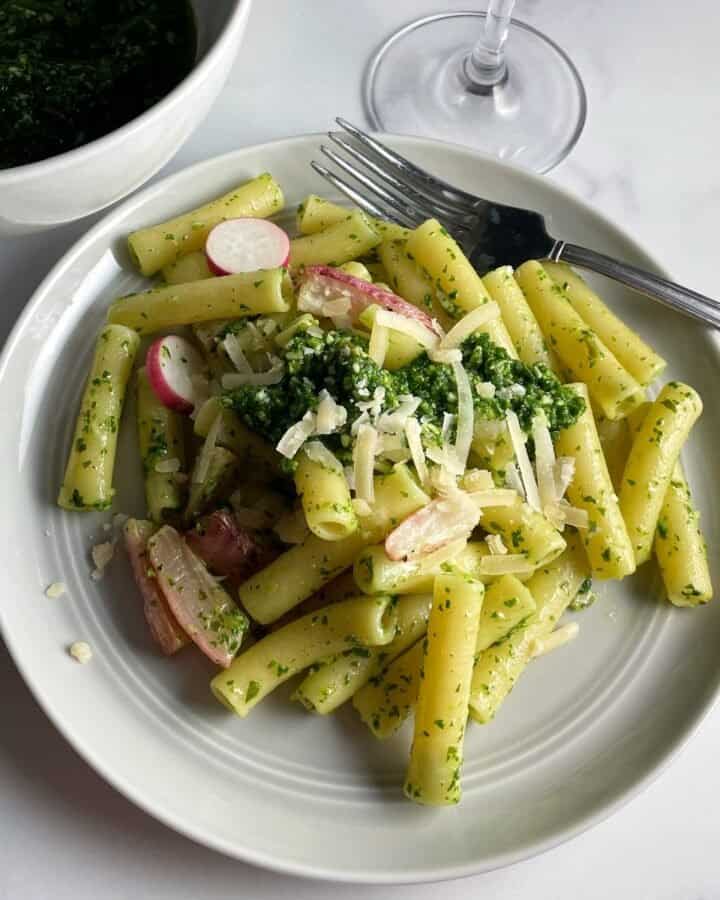 radish green pesto pasta.