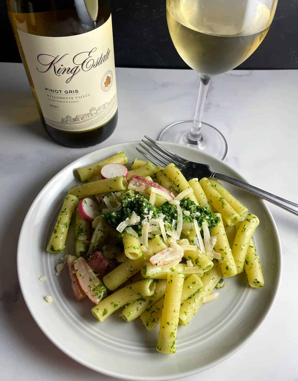 radish green pesto tossed with ziti and roasted radishes, served with a King Estate Pinot Gris wine.