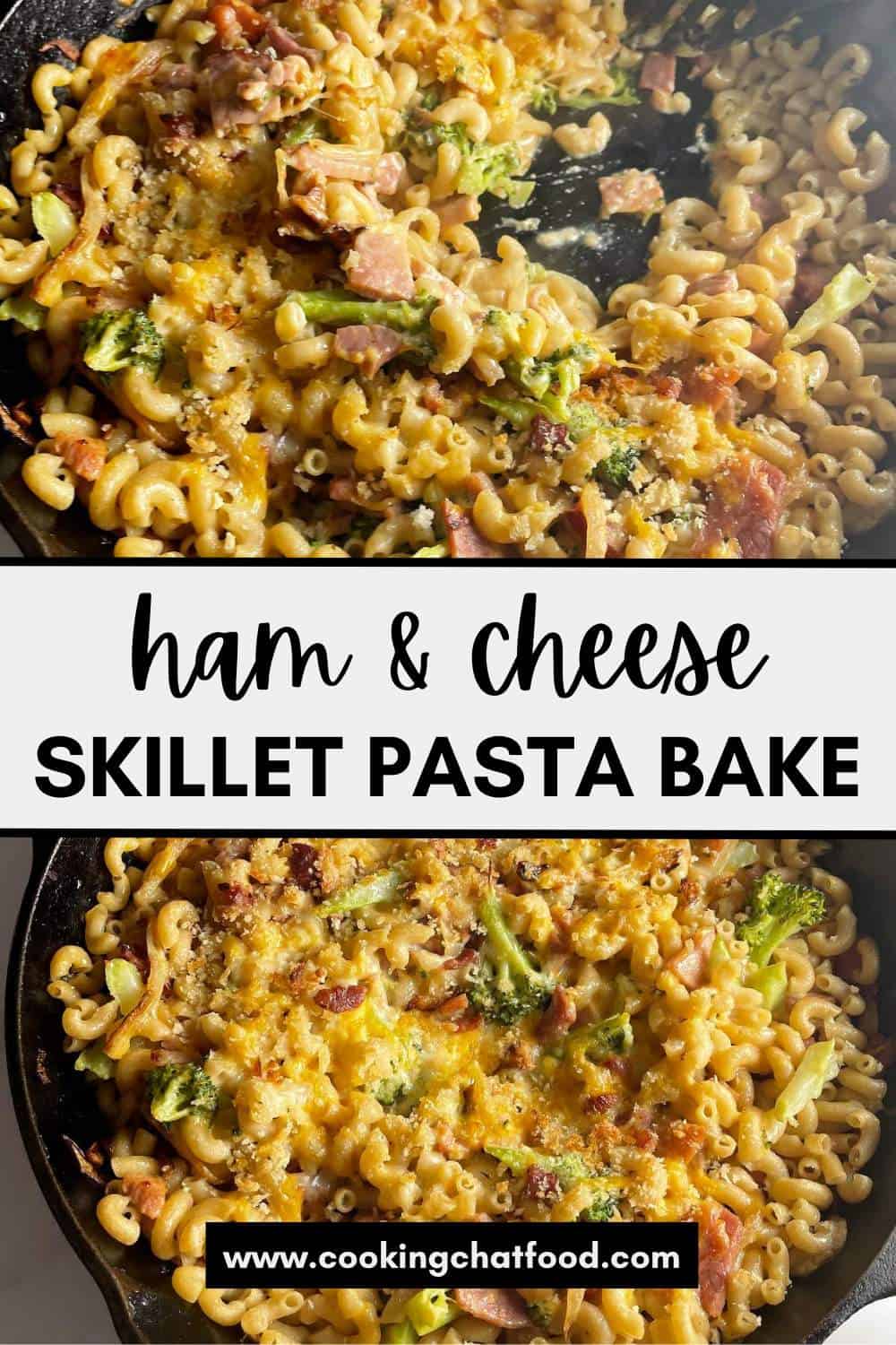 ham and cheese pasta bake in a skillet.