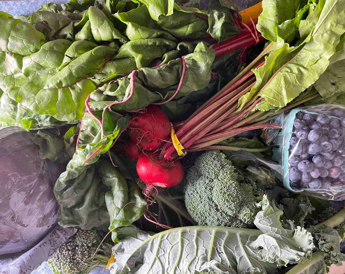 a variety of vegetables spread out on a counter, including chard, beets, broccoli and red cabbage.