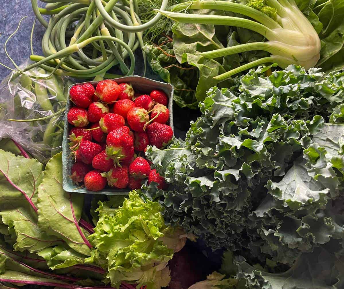 Fresh local produce laid out on a counter, including strawberries, rainbow chard, sugar snap peas, kale, garlic scapes and fennel.