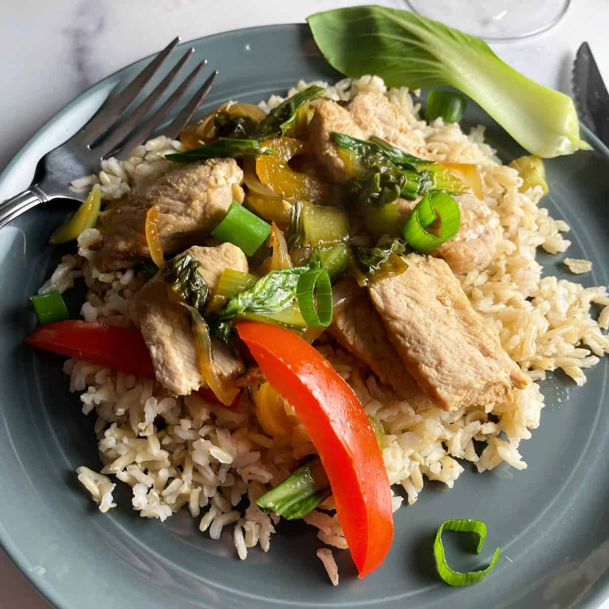 pork and bok choy stir fry with red bell peppers, served over rice on a gray plate.