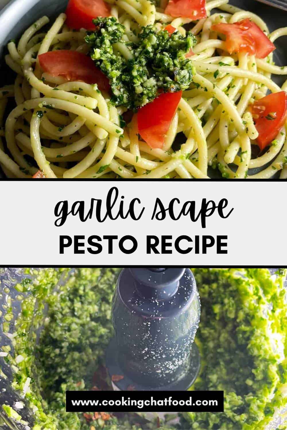 two images of garlic scape pesto recipe. The top image has the scape pesto tossed with pasta, the bottom has the pesto in a food processor.