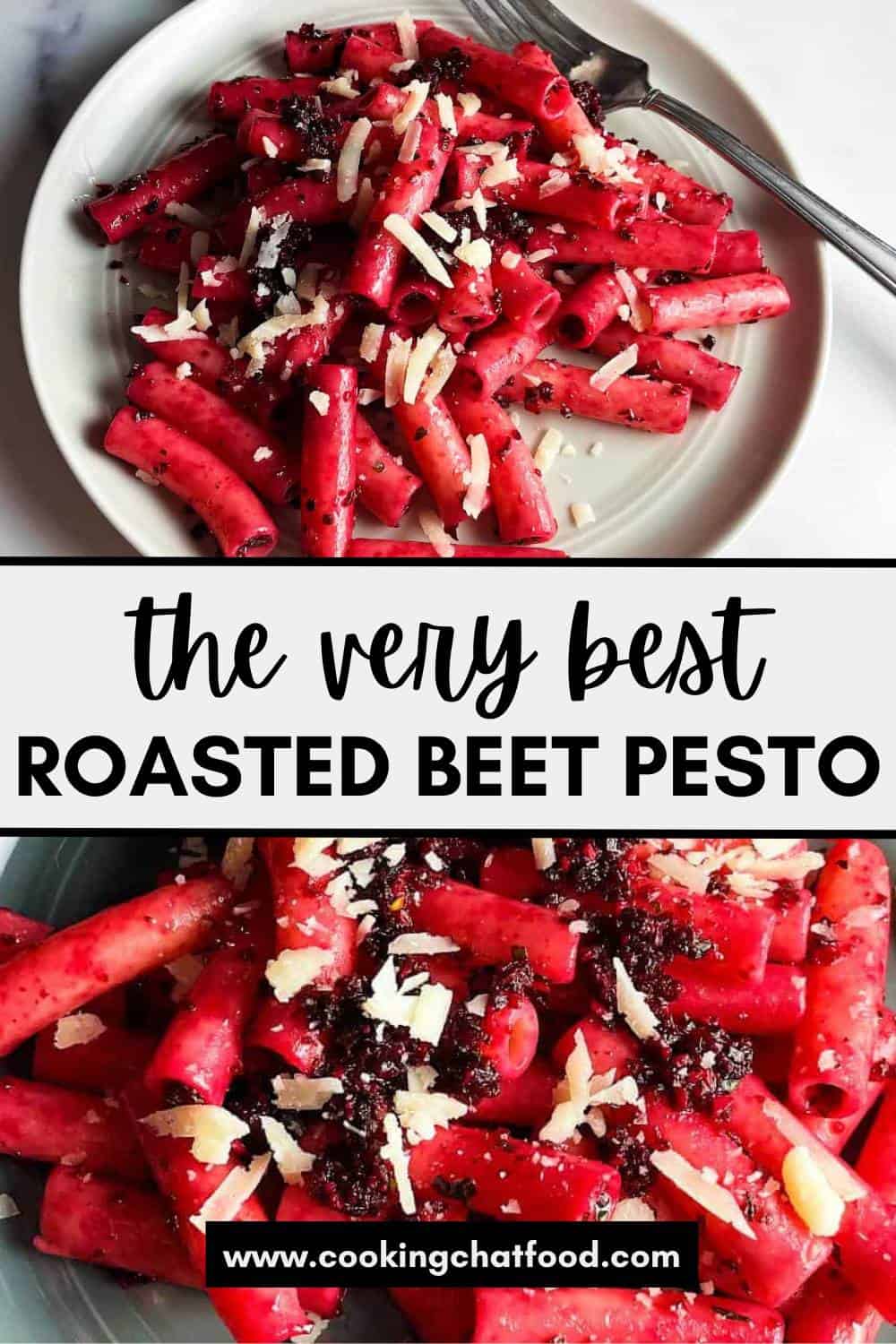Two images of roasted beet pesto. The top shows the pesto with ziti on a light gray plate, the image below shows a closeup of the beet pesto pasta.