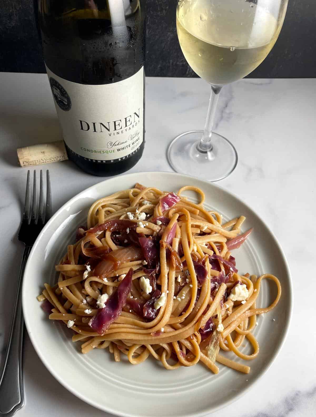 red cabbage linguine plated and served with Dineen Vineyard Condriesque white wine blend.