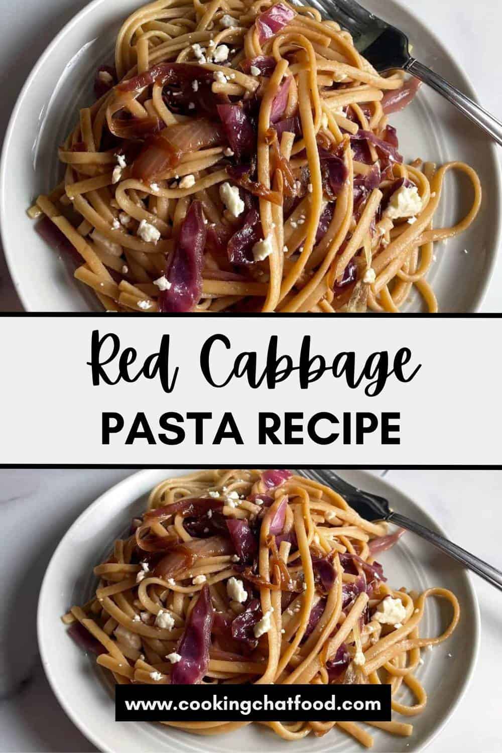 collage with two images of  red cabbage pasta.