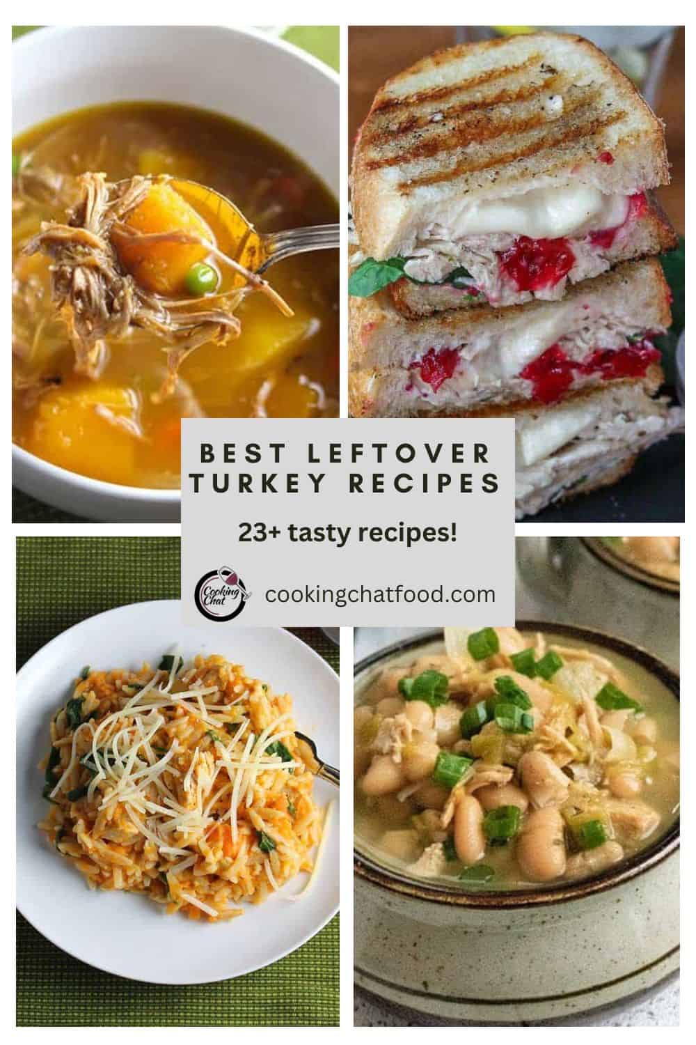 Collage with four images of leftover turkey recipes. 