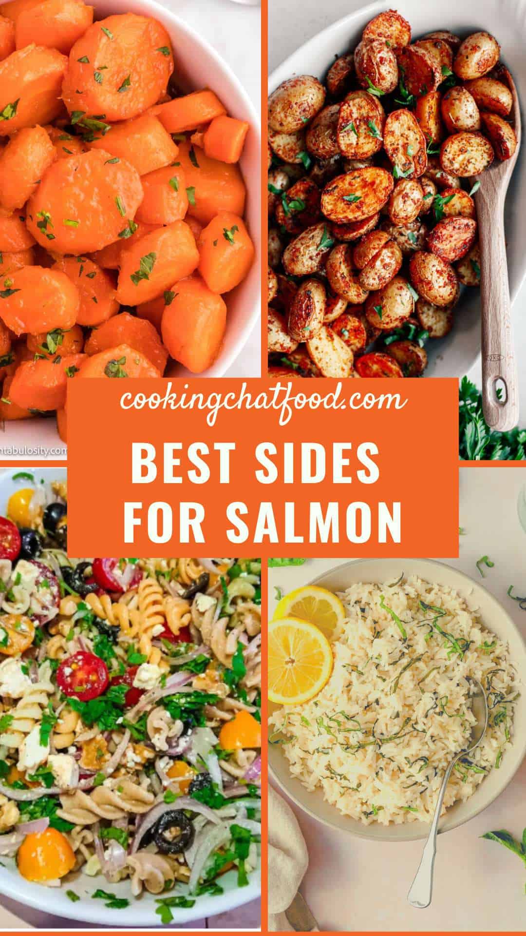 A collage with four photos of side dishes to serve with salmon, with text in the middle that says " Best Sides for Salmon".