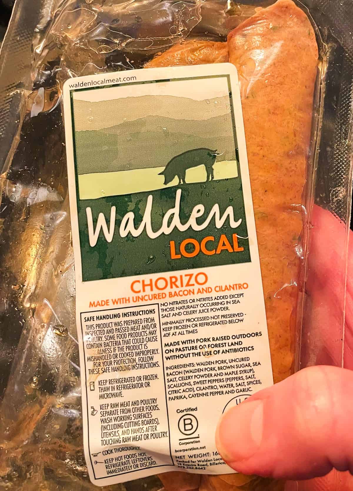 package of Walden Local Meat chorizo sausages.