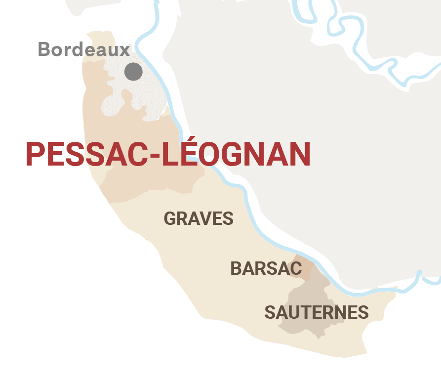 Map of the Pessac-Léognan region within Graves, South of Bordeaux city.