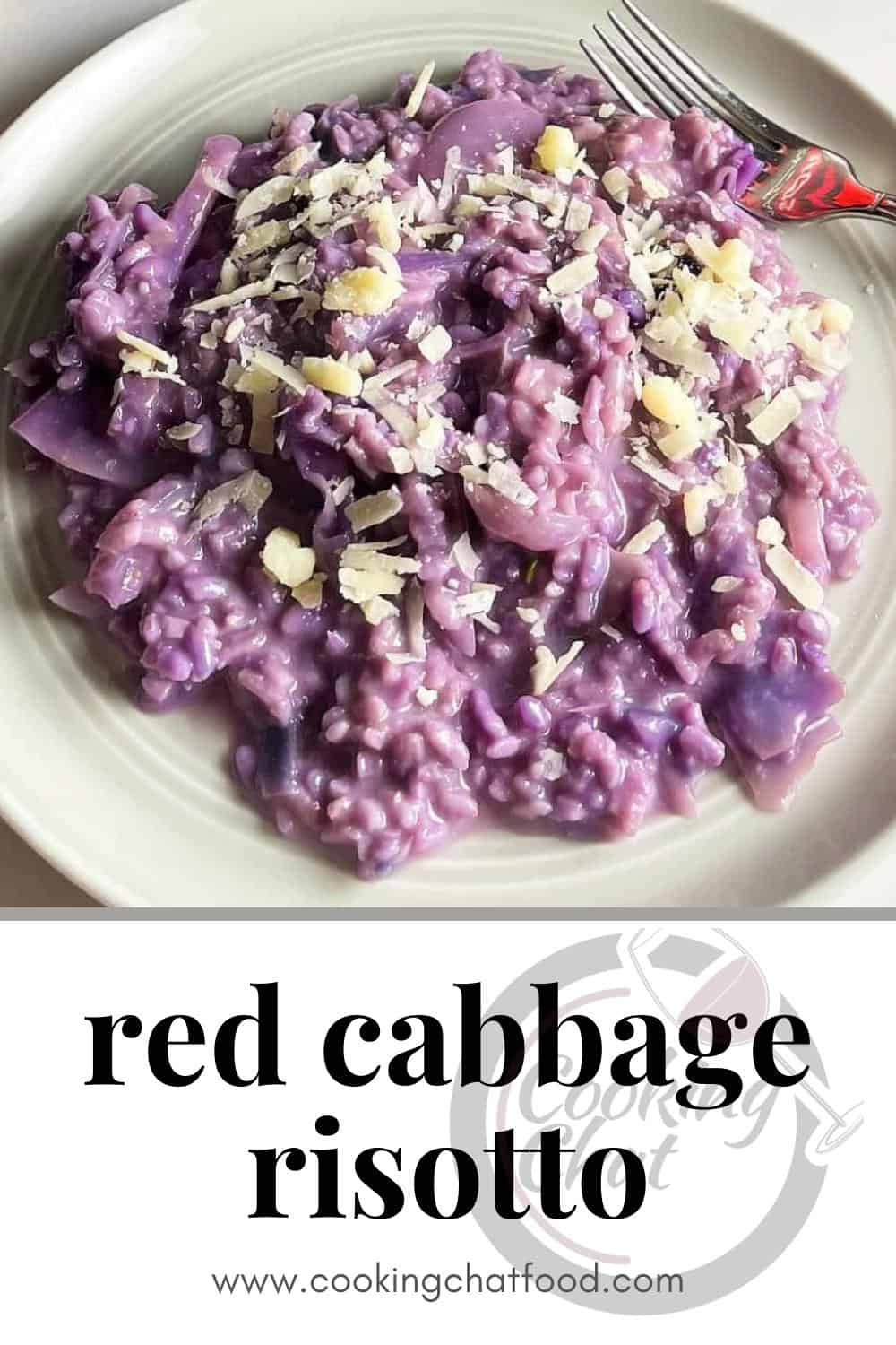 plate with red cabbage risotto, with test underneath that says "red cabbage risotto".