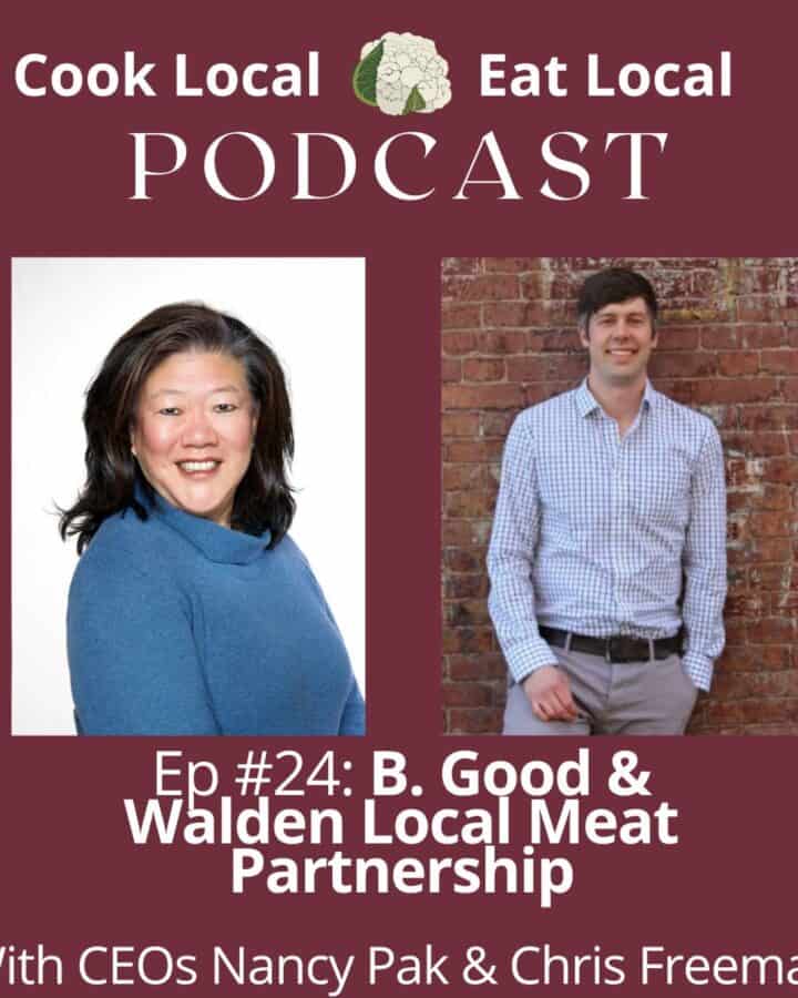 Cook Local podcast cover, with photos of guests Nancy Pak and Chris Freeman. Maroon background.