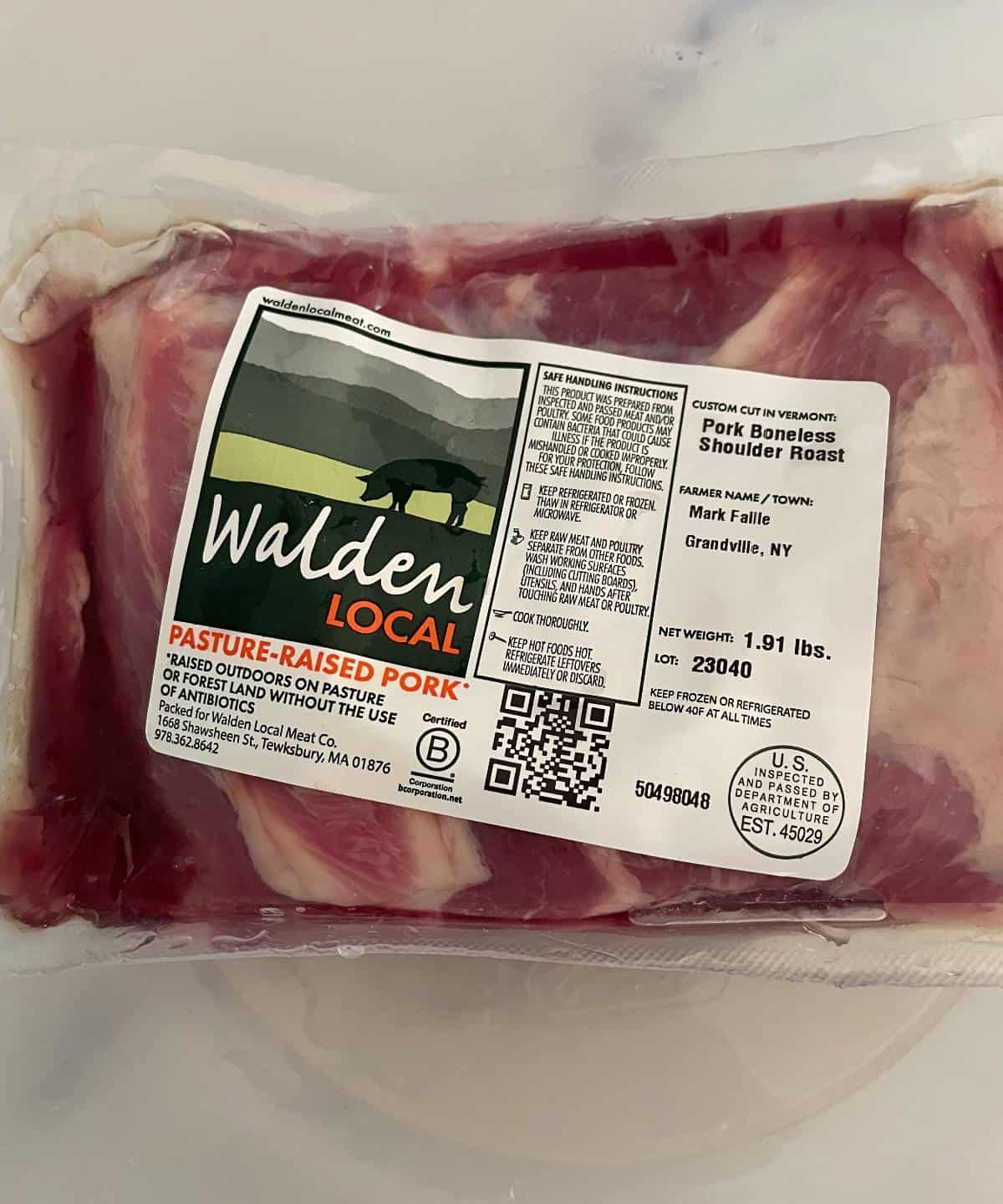 a package of Walden Local Meat pork shoulder.