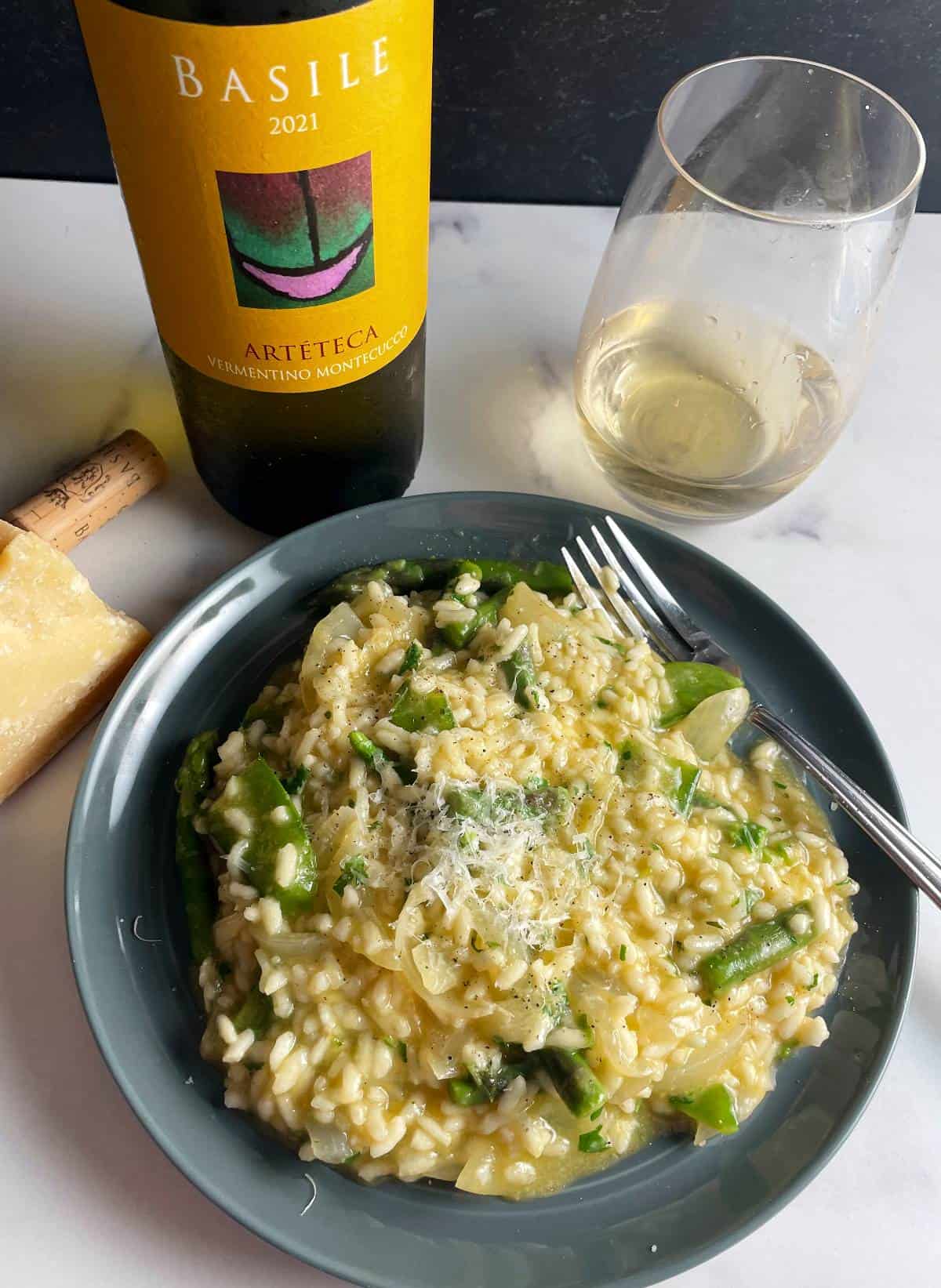 pea and asparagus risotto served with a Vermentino white wine.
