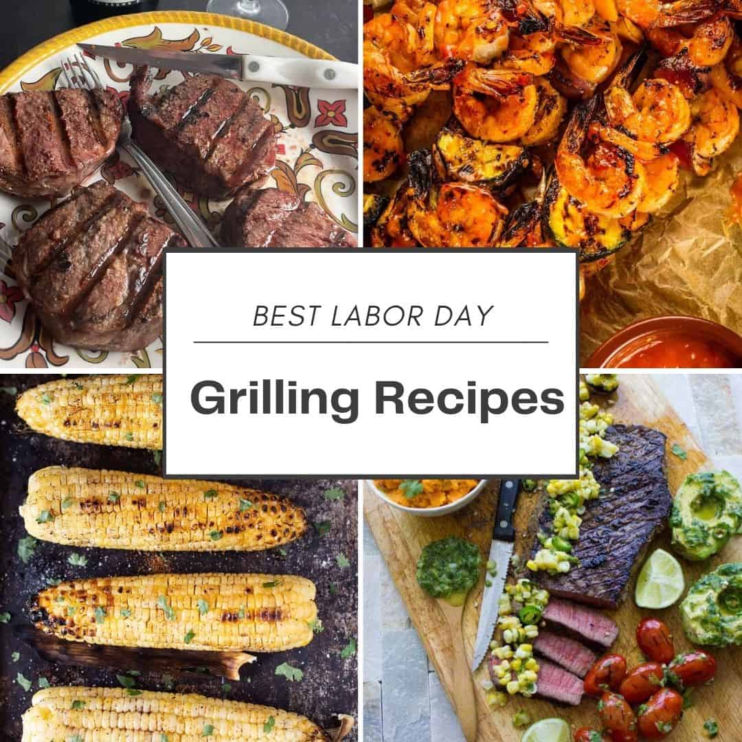 collage with four photos of different grilled foods - steak, shrimp, corn and filet mignon.