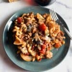 plate with ground turkey pasta with tomatoes and mushrooms.