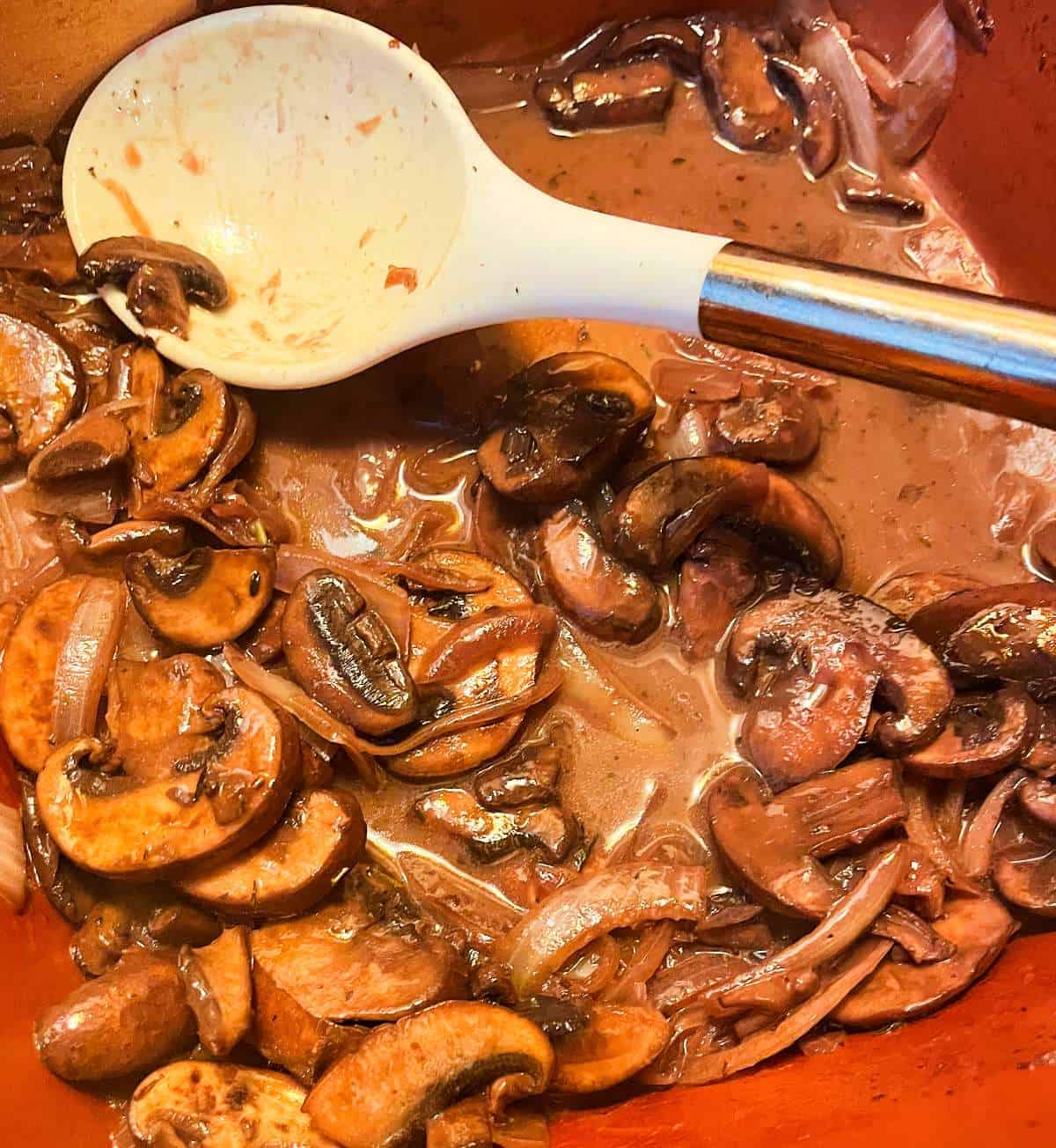 mushroom sauce in a pan.