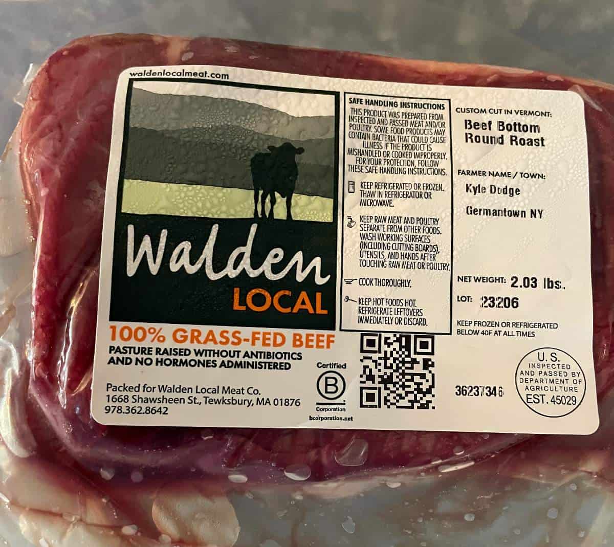a package of Walden Local Bottom Round Roast.