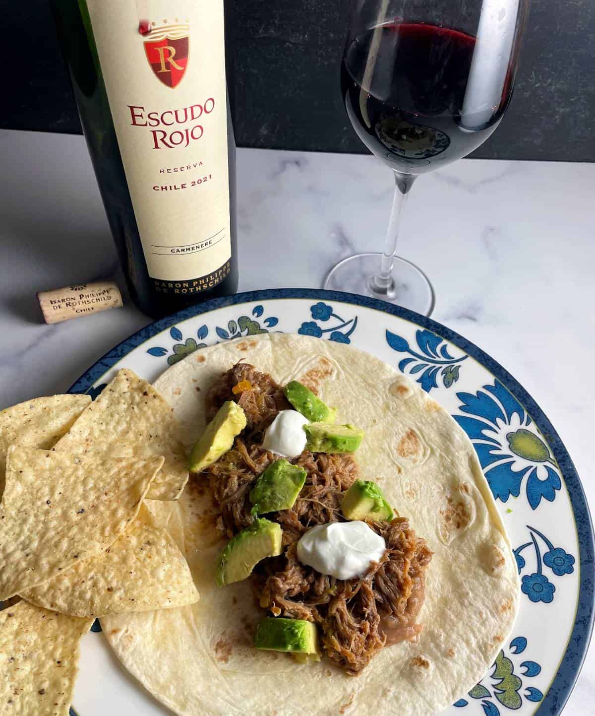 pulled pork tacos served with Escudo Rojo Carmenere from Chile.