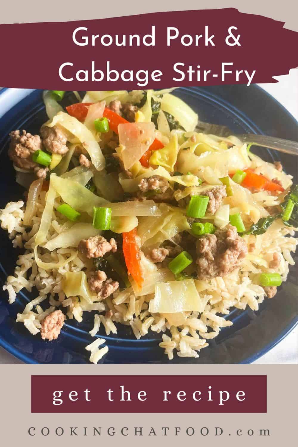 Text that says "Ground Pork and Cabbage Stir-fry" with a photo of the dish underneath the text.