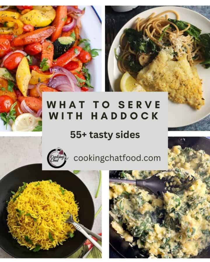 collage with four images of side dishes for baked haddock.