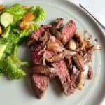 steak served with shiitake mushrooms.