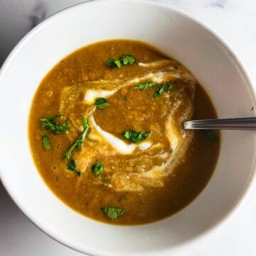 butternut squash and lentil soup shown from above