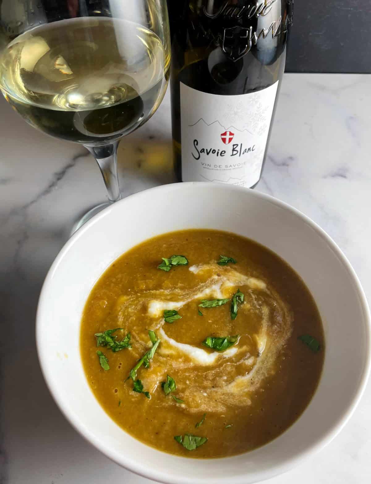 Butternut Squash and Lentil Soup served with Vin de Savoie.