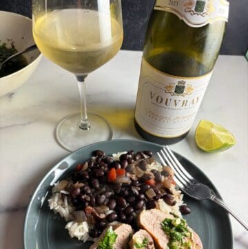 bottle of Vouvray paired with pork, beans and rice.