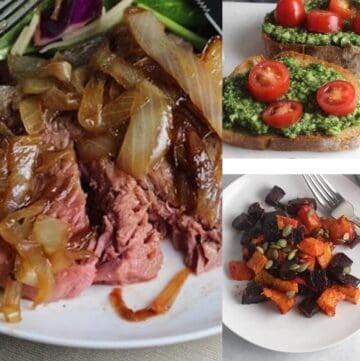 Christmas recipe ideas featuring roast beef, pesto crostini, and roasted vegetable side dishes