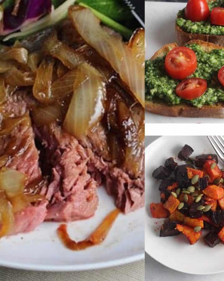 Christmas recipe ideas featuring roast beef, pesto crostini, and roasted vegetable side dishes
