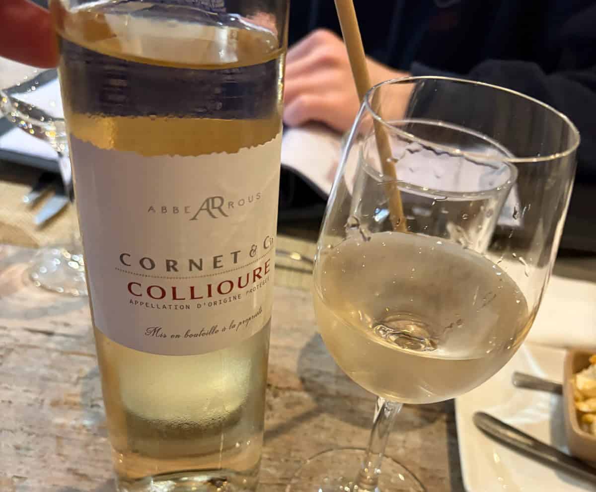 A bottle of Abbe Rous Cornet & Co Collioure white wine.